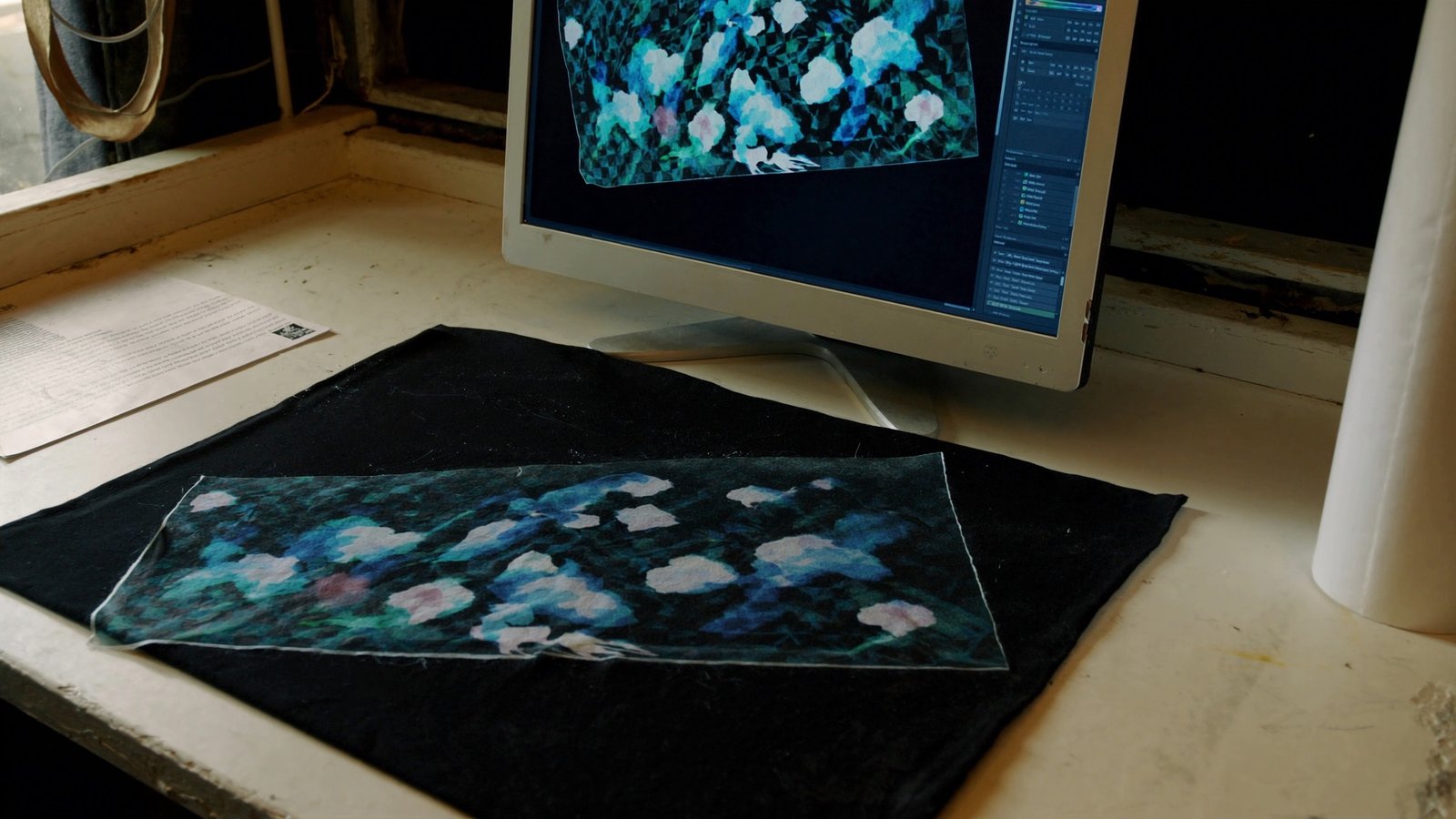 Screen showing a PNG file on a checkerboard background next to a DTF print with visible haze