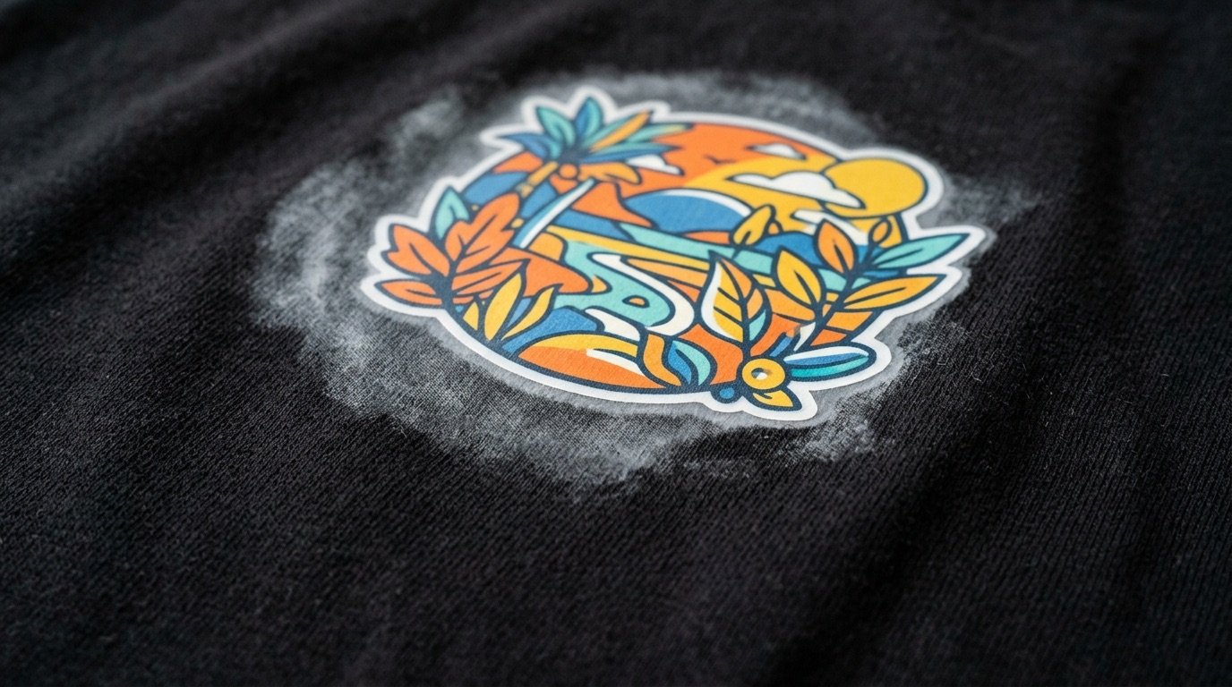 Detail of a white halo around a DTF print on a black t-shirt